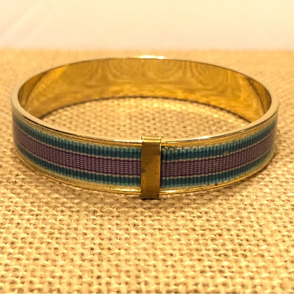 Gerard Yosca Bangle Bracelet, gold tone w/ grosgrain ribbon inlay purple & green - Picture 6 of 11